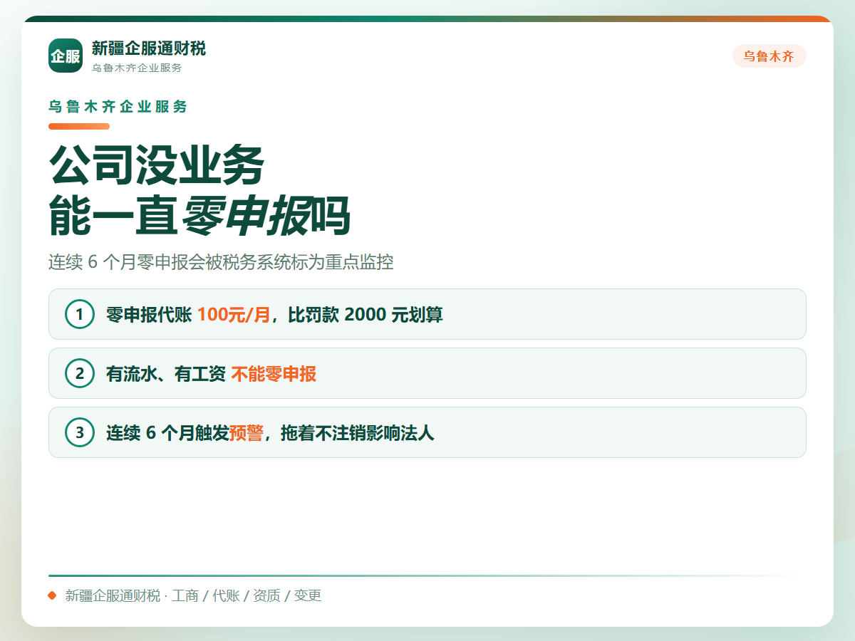 2026乌鲁木齐公司没业务可以一直零申报吗？6个月预警线和后果